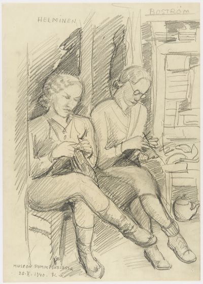 Helmi Helminen ja Berit Boström Kansallismuseon pommisuojassa talvisodan aikana Helmi Helminen ja Berit Boström Kansallismuseon pommisuojassa talvisodan aikana
