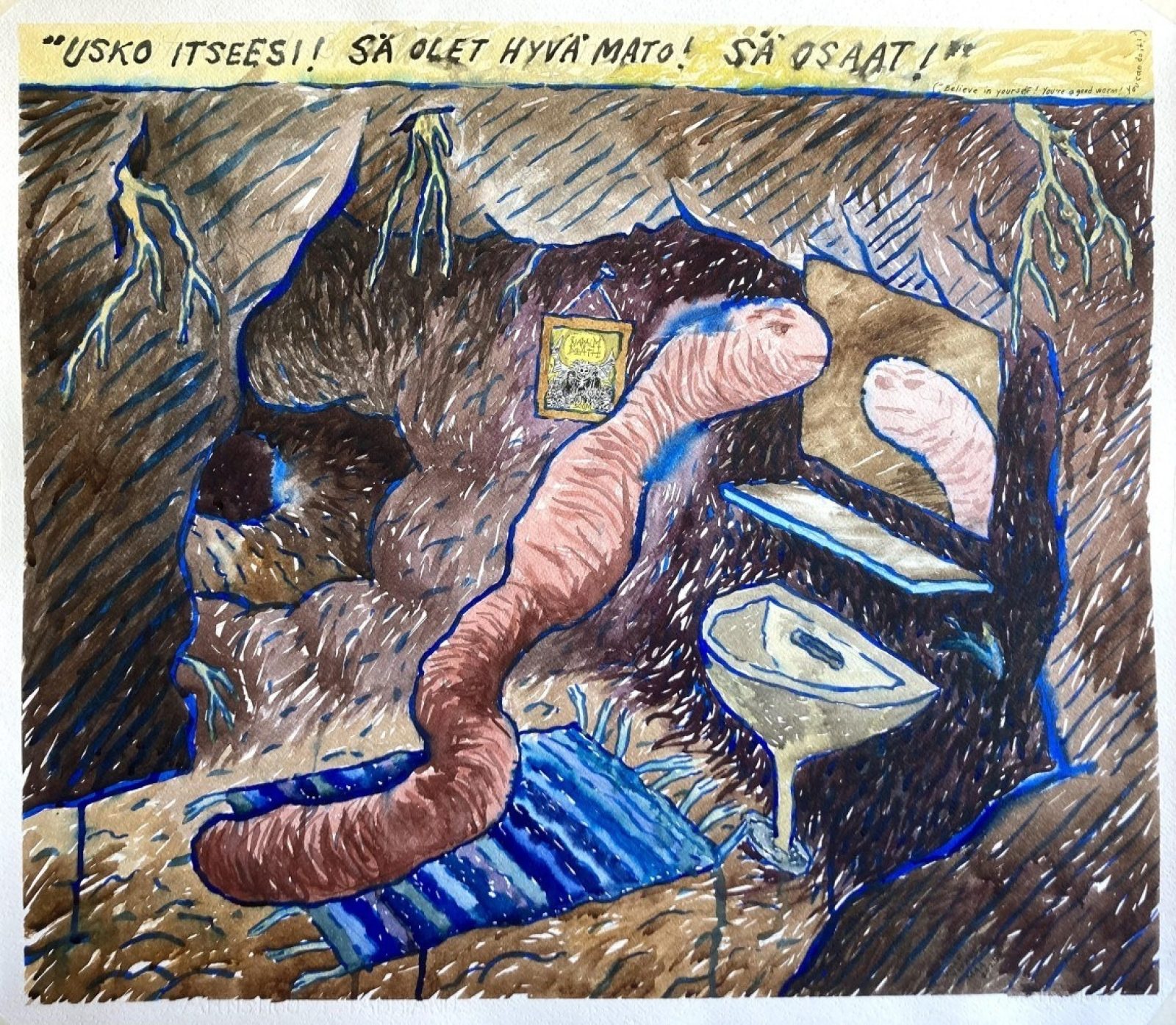 Ville Vuorenmaa Tsemppimato 2025 akvarelli paperille