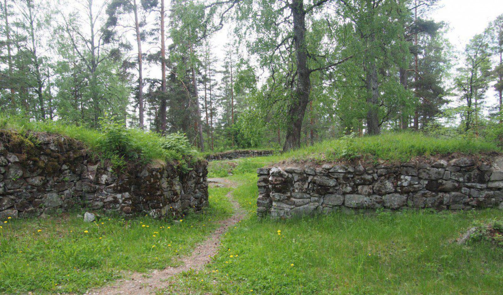 Kaksi kivimuurin pätkää, joiden välissä aukko. Aukosta kulkee matalaan ruohoon kulunut polku. Taustalla metsää.. Kuvaaja: Teemu Mökkönen, Museovirasto Kaksi kivimuurin pätkää, joiden välissä aukko. Aukosta kulkee matalaan ruohoon kulunut polku. Taustalla metsää.. Kuvaaja: Teemu Mökkönen, Museovirasto