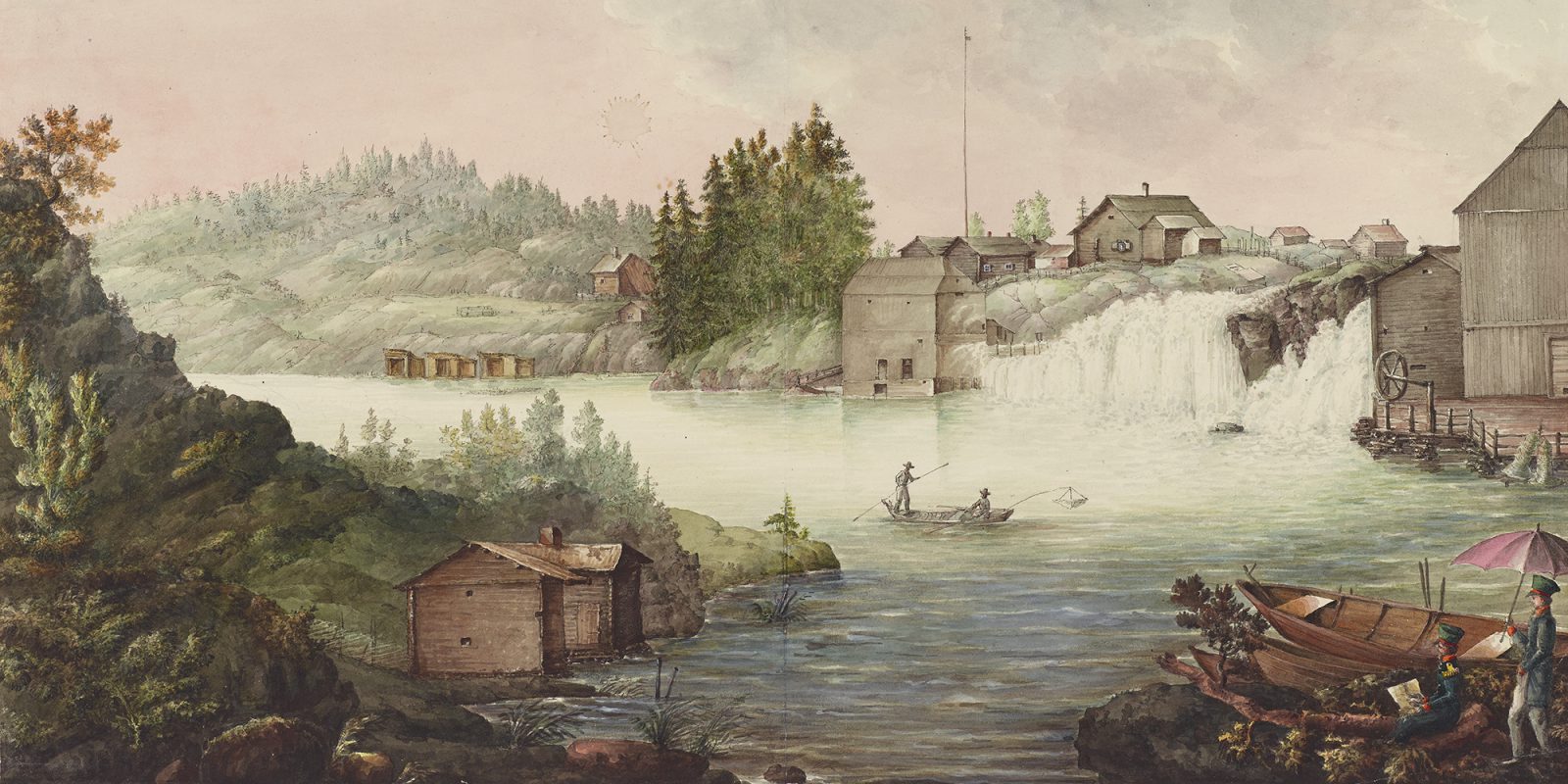 Kymijoen Korkeakoski (Högfors) vuoden 1800 paikkeilla (kuva rajattu), Alexander Amatus Thesleff / Museoviraston Kuvakokoelmat. Objektinumero: HK19410320:2 Kymijoen Korkeakoski (Högfors) vuoden 1800 paikkeilla (kuva rajattu), Alexander Amatus Thesleff / Museoviraston Kuvakokoelmat. Objektinumero: HK19410320:2