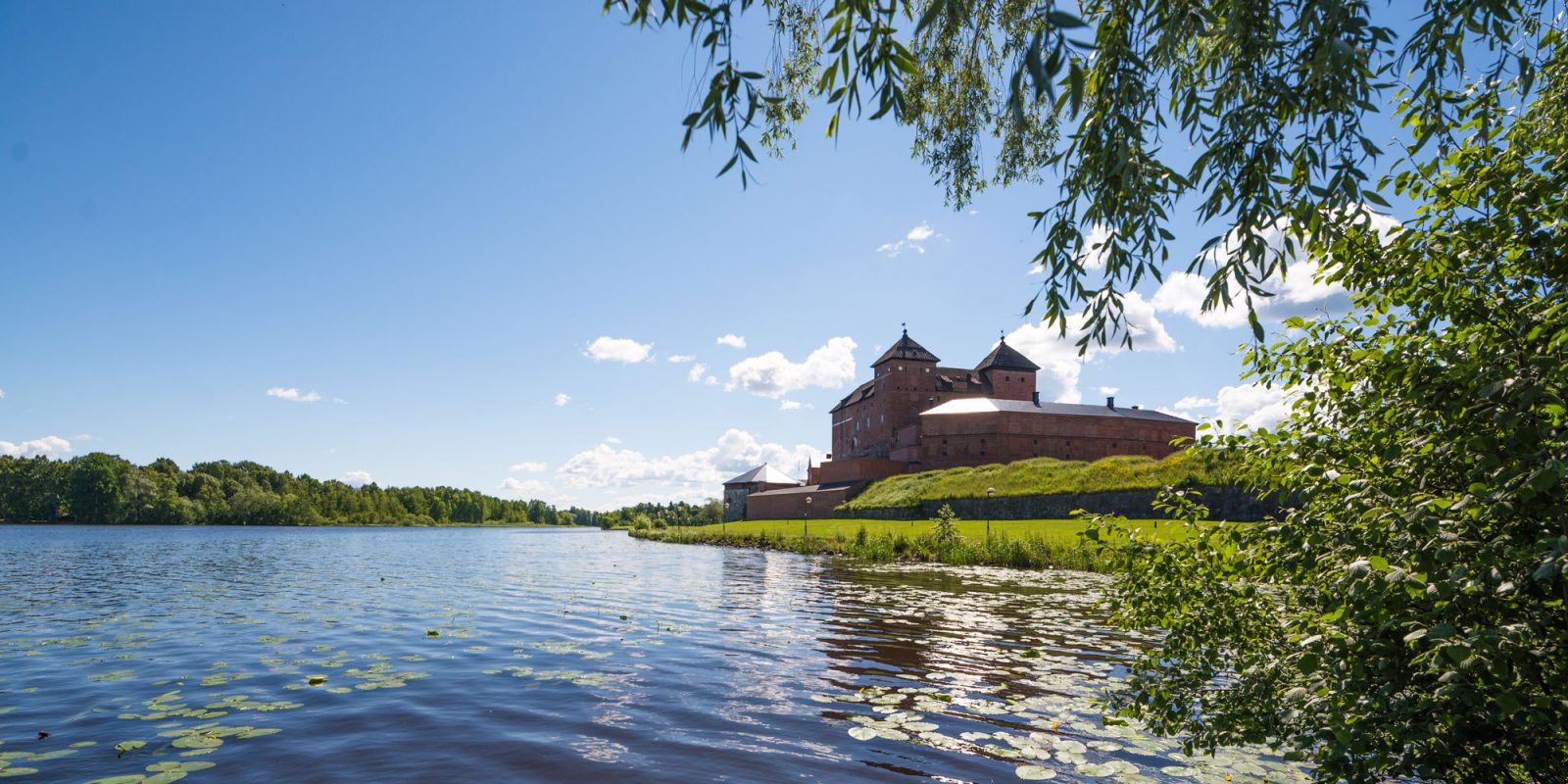 Hämeen linna ja sen ympäristöä kesällä. Etualalla järveä ja lumpeenlehtiä, taustalla linna. Kuvaa reunustavat puiden lehtevät oksat.. Kuvaaja: Topi Leikas Hämeen linna ja sen ympäristöä kesällä. Etualalla järveä ja lumpeenlehtiä, taustalla linna. Kuvaa reunustavat puiden lehtevät oksat.. Kuvaaja: Topi Leikas