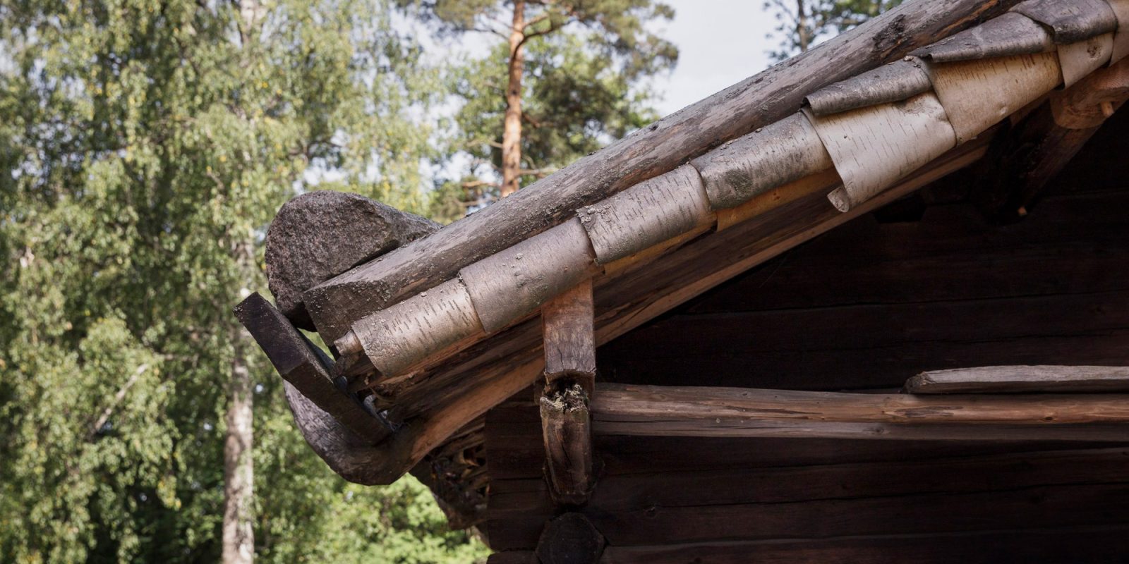 Katon nurkka, jossa näkyy tukipuita ja tuohta. Katon nurkka, jossa näkyy tukipuita ja tuohta.
